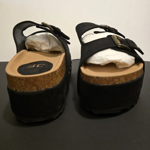 JUSTFAB Black Platform Sandals Slip On Flat Shoes Casual Summer Vacay Size 9 - Picture 4 of 14